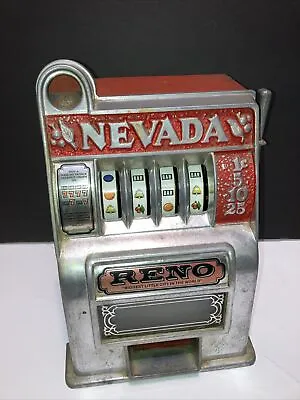 Vintage Toy Nevada Reno 11  Four Wheel One Arm Bandit Slot Machine Piggy Bank • $40