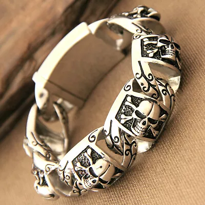 Men Heavy Pirate Skull Biker Motorcycle Chain Silver Stainless Steel Bracelet • $28.49