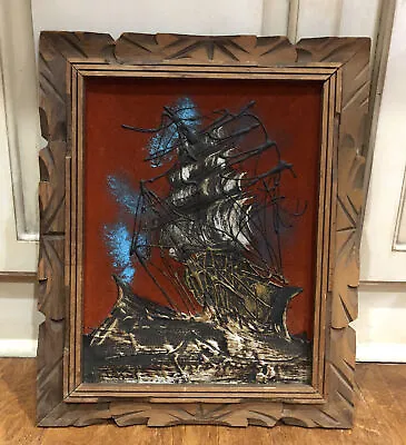 Vintage Mexican Framed Painting On Belvet Galleon Pirate Ship Burnt Orange • £122.28