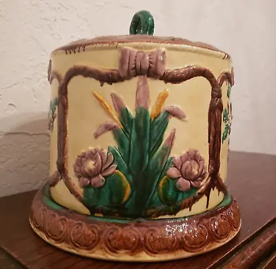 Large Vintage English Majolica Style Cheese Dome With Base Birds And Cattails • $100