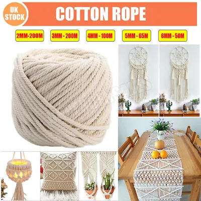 2MM 3MM 200M Natural Cotton Twisted Cord Craft Macrame Artisan Rope Craft String • £8.29