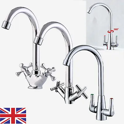 Modern Kitchen Sink Mixer Taps Swivel Spout Twin Lever Tap Mono Chrome Faucet • £14.59