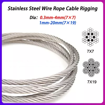 304 Stainless Steel Cable 0.3-4mm(7×7) 1-20mm(7×19) Steel Wire Rope 1m-100m Coil • $6.65