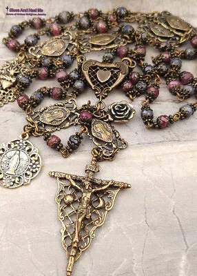 Virgin Miraculous Mary Sun Moon Genuine Sapphire Ruby Vintage Bronze Rosary • $247