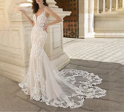 Luxury Mermaid Wedding Dress Lace Appliques V-neck Spaghetti Straps Bridal Gowns • $146.70