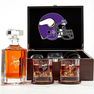 Minnesota Vikings - Engraved Football Whiskey Decanter 2 Glasses In Wood Box • $175.99