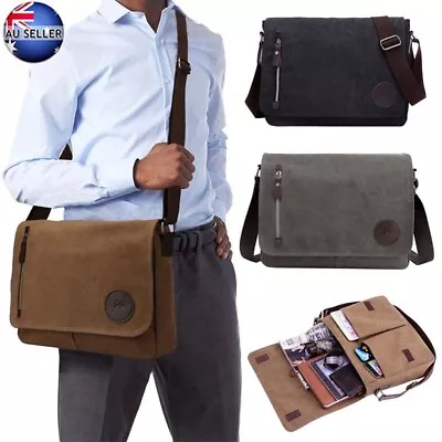 Men's Briefcase Vintage Brown Laptop Bag Canvas Messenger School Satchel Work AU • $33.99