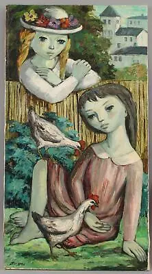 Signed JOSE BUIGAS Spanish Mid-Century Modernist Oil Painting 2 Girls & Chickens • $230.50