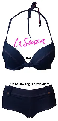 La Senza Blue Stretch Denim U/W Gel Core Padded Push-up Bikini 36A & 12 Short • £34