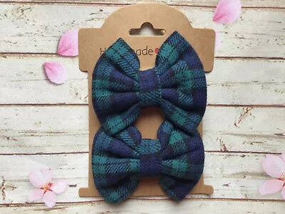 PACK 2 MINI 5cm NAVY GREEN TARTAN FABRIC BOW HAIR CLIP SLIDE GRIP GIRL HANDMADE • £3.99