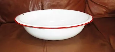 White Vintage Farmhouse Enamel Ware 12  Round Bowl With Red Rim • $15