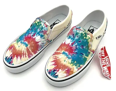Vans Women's Skate Shoes SZ 6 Asher Rainbow Tie Dye Canvas Slip On New In Box • $25.95