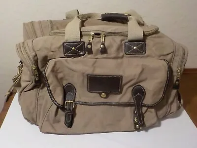 Eddie Bauer Ford Duffle Bag Beige Brown Canvas Leather 18  Weekender / Carry-On • $14.50