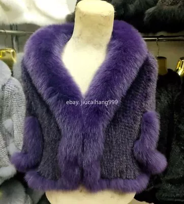 100% Real Mink Fur Knitted Purple Coat With Fox Collar Cape Wraps Hand Made • $167