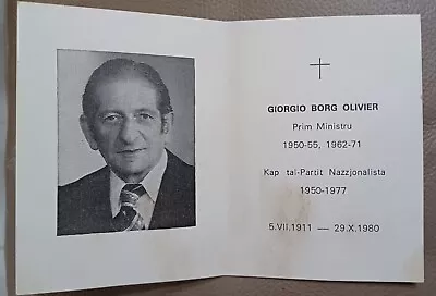 Rare Malta Nationalist Party Gorg Borg Olivier In Memoriam Card 1980 • £24