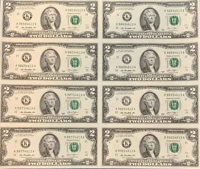 8 $2 Bills - 2013 Uncut Sheet Of 2 Dollar Bills • $59.95