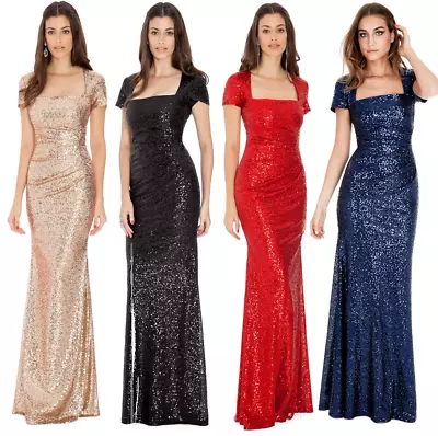 Goddiva Sequin Square Neck Evening Maxi Gown Dress Prom Party Ball Bridesmaid • £54.99