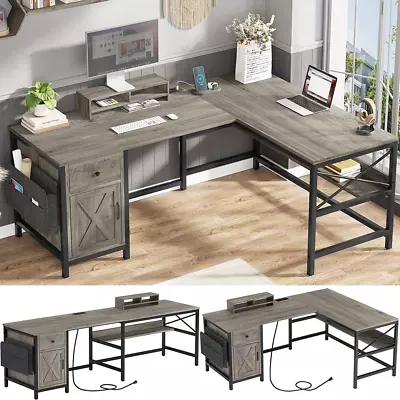 Grey L Shaped Desk Reversible Computer Desk With Power Strip&Drawer 63  Retro H • $301.27