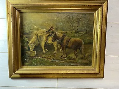 £150 • Buy Antique BRITISH PRIMITIVE Oil Painting WORKING HORSES/SHIRE HORSE FARMING 1923