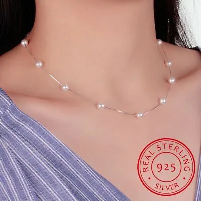 Women Pearl Box Chain Necklace 925 Sterling Silver Choker Lady Necklaces 6mm 1Pc • $20.77