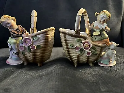 Vintage Ucagco Girl And Boy With Baskets Ceramic Figurines Set Of 2  • $14.99