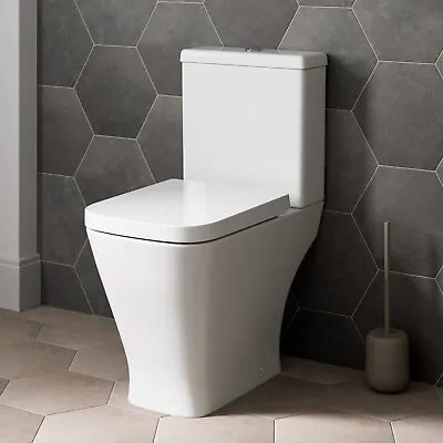 Square Close Coupled Toilet Modern Bathroom White Ceramic Soft Close Seat WC Pan • £143.97