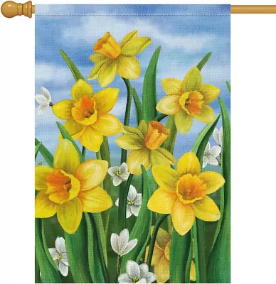 Welcome Spring House Flag 28X40 Double Sided Vertical Burlap Large Daffodil Flo • $33.77