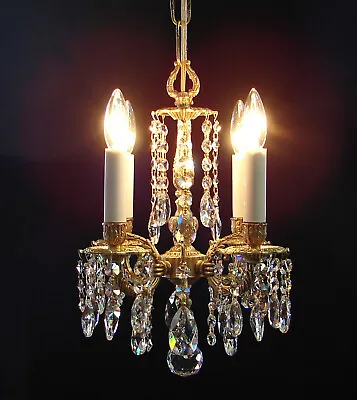 Vintage Petite French Brass Crystals 4 Lights CHANDELIER • $489.95