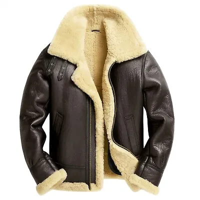 Men's Sheepskin Pilot Jacket Military Bombers B3 Woolen Genuine Leather Jacket • $189.99
