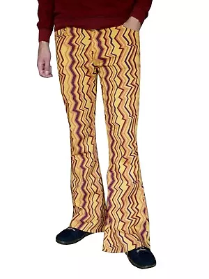 FLARES Yellow Zig Zag Mens Bell Bottoms Hippie Vtg Trousers 60s 70s Psychedelic • $47.23