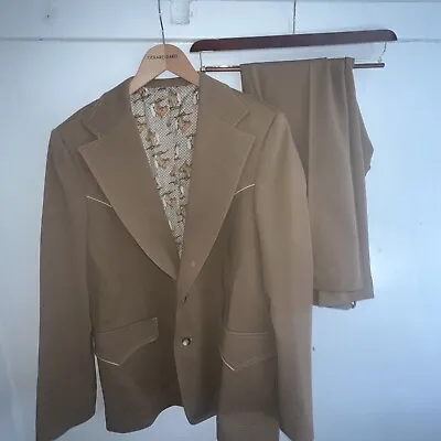 VINTAGE 1970S LEE MR WESTERN SUIT ROCKABILLY 2-PIECE XL Tan Equestrian Lined • $89