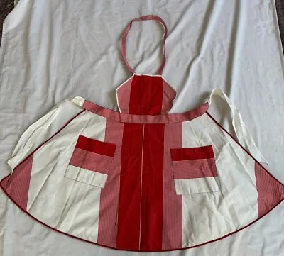 Vintage 50’s? Full Bib Farm Homemade Apron Red Stripped Piping One Pocket • $25