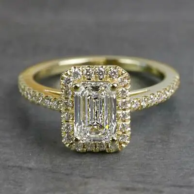 Emerald Cut Moissanite Micro Pave Set Halo Engagement Ring 18k Solid Yellow Gold • $479.15