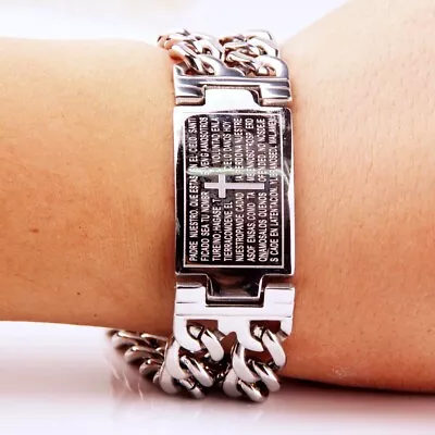 New Mens Plain Bracelet Stainless Steel Cuban Chain Christian Scripture Jewelry • $13.99