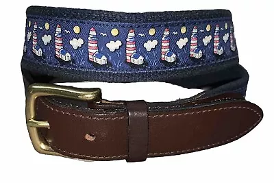 Vineyard Vines Size 34 Leather Canvas Lighthouse BLUE Belt Shep & Ian USA. • $22.95