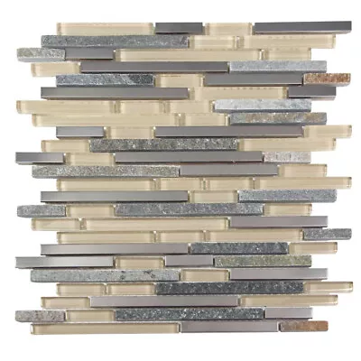 Stone Metal Glass Tile Mosaic Thin Linear Kitchen Wall Backsplash Gulf Beige • $41.82