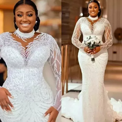 Sexy Sparkle Mermaid Wedding Dresses Long Sleeves Lace Beaded Bridal Gown Africa • $158