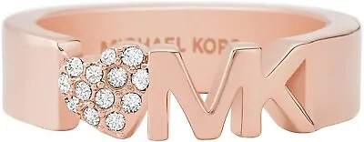 MICHAEL KORS MK Logo & Crystal Pave Heart Rose Gold Brass Ring MKJ7978791 Size 7 • $79.99