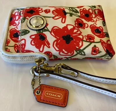 COACH Red Poppy Floral Wristlet Wallet Card Holder W/leather Strap & Hang Tag 5  • $27.95