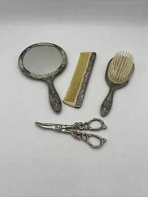 Vintage Silver-plated Vanity Baroque Dresser Set With Brush Mirror Comb Scissors • $79.99