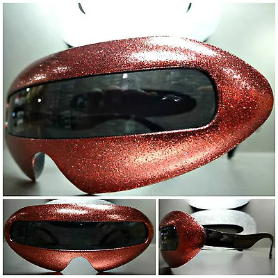 $12.99 • Buy ALIEN ROBOT SPACE PARTY RAVE CYCLOPS FUTURISTIC SHIELD Red Glitter SUN GLASSES
