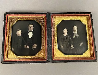 Two 1/6 Plate Daguerreotypes Father W/ Son + Mother W/ Daughter In Double Case • $38