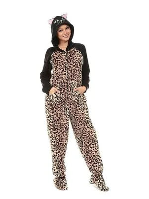 French Jenny Women's Micro Fleece One Piece Hooded & Footed Pajama Leopard Xl • $19.99