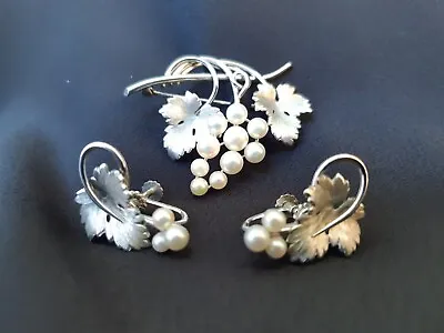 Vintage Krementz Cultured Pearl Grape Cluster Brooch And Screw Back Earrings Set • $55.42