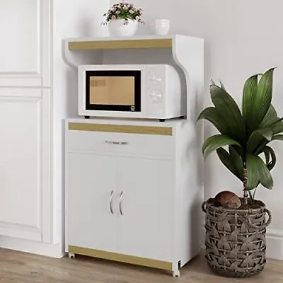 White Microwave Stand With Storage – Rolling Cabinet With Doors Drawer And ... • $215.30