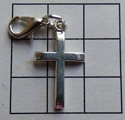 Clip On Vintage Silver Finish Plain Cross Charm Zip Bracelet Handbag Mobile • £2.95