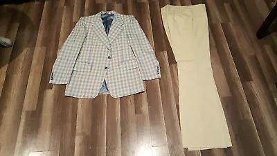 VTG 70s Retro Mens Size 42  36 BLUE PLAID Flare Pants 2 Piece Polyester Suit NWT • $64.95