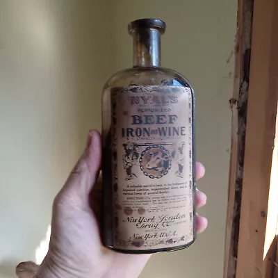 Nyal's Peptonized Beef Iron & Wine 1906 Labeled Medicine Bottle Hand Blown • $30