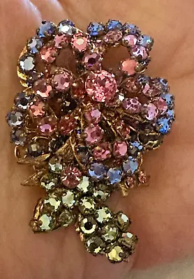 Miriam Haskell Incredible Pink Green Blue Rhinestones Floral Pin 2 W X 1-1/2 H • $175