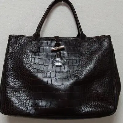 Longchamp Roseau Leather Totebag Black Embossed Crocodile Casual Excellent HTF • $191.04